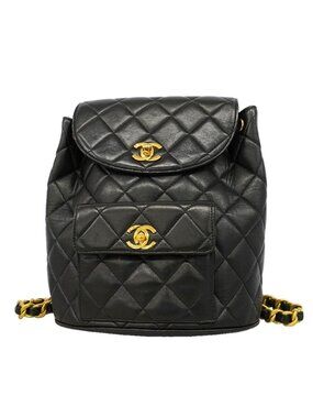 Chanel Backpack Quilted Lambskin Black Gold